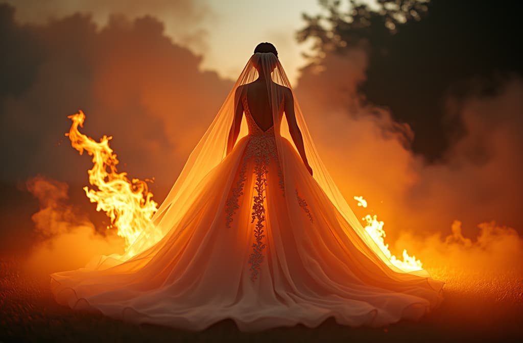  burning wedding dress flames smoke hyperrealistic, full body, detailed clothing, highly detailed, cinematic lighting, stunningly beautiful, intricate, sharp focus, f/1. 8, 85mm, (centered image composition), (professionally color graded), ((bright soft diffused light)), volumetric fog, trending on instagram, trending on tumblr, HDR 4K, 8K