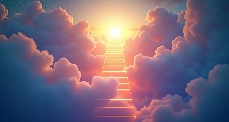  the journey of the soul, ascending a glowing ladder towards an ethereal sky, surrounded by radiant, divine light. enchanted atmosphere, soulful ascent.. the style is digital art illustration,highly detailed, whimsical,magical, dreamlike atmosphere, realism and fantasy blend, smooth, glossy textures,luminous quality, wonder and enchantment.