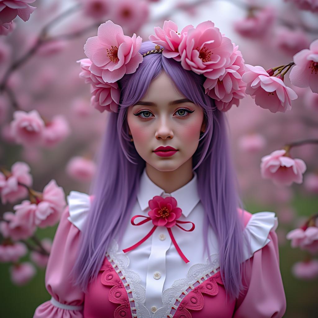  a woman with purple hair adorned with flowers wearing a victorian inspired outfit amongst pink cherry blossoms. modern gothpunk pink girl in cherry blossom sakura viewing spring:: victorian goth fashion for pixie faeiries, cameo, tom bagshaw, cathy locke, h. a. brendekilde, jessie m. king, peter nottrott, golden ratio, deep white, purple, white hues, rococo, victorian, characterart, klimt and mucha, mysterious, magical ambiance, hyperrealistic, full body, detailed clothing, highly detailed, cinematic lighting, stunningly beautiful, intricate, sharp focus, f/1. 8, 85mm, (centered image composition), (professionally color graded), ((bright soft diffused light)), volumetric fog, trending on instagram, trending on tumblr, HDR 4K, 8K