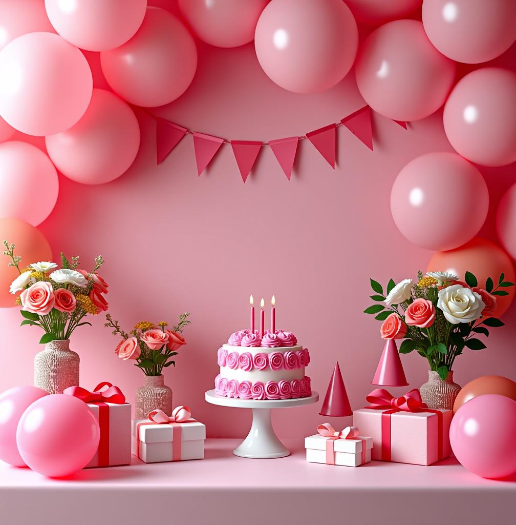  birthday photo scene, without people, rich details, visually appealing, main color tone is pink, colorful decorations, balloons, cake, presents, vibrant atmosphere, festive mood, floral arrangements, party hats, table setting, bunting banners, soft pastel colors, elegant backdrop, stylish props. highly detailed photo, sharp details, best quality, 4k, raw photo