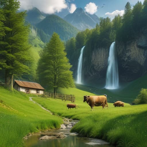 my dream house is a mountain waterfall, green meadows, forest, cows grazing