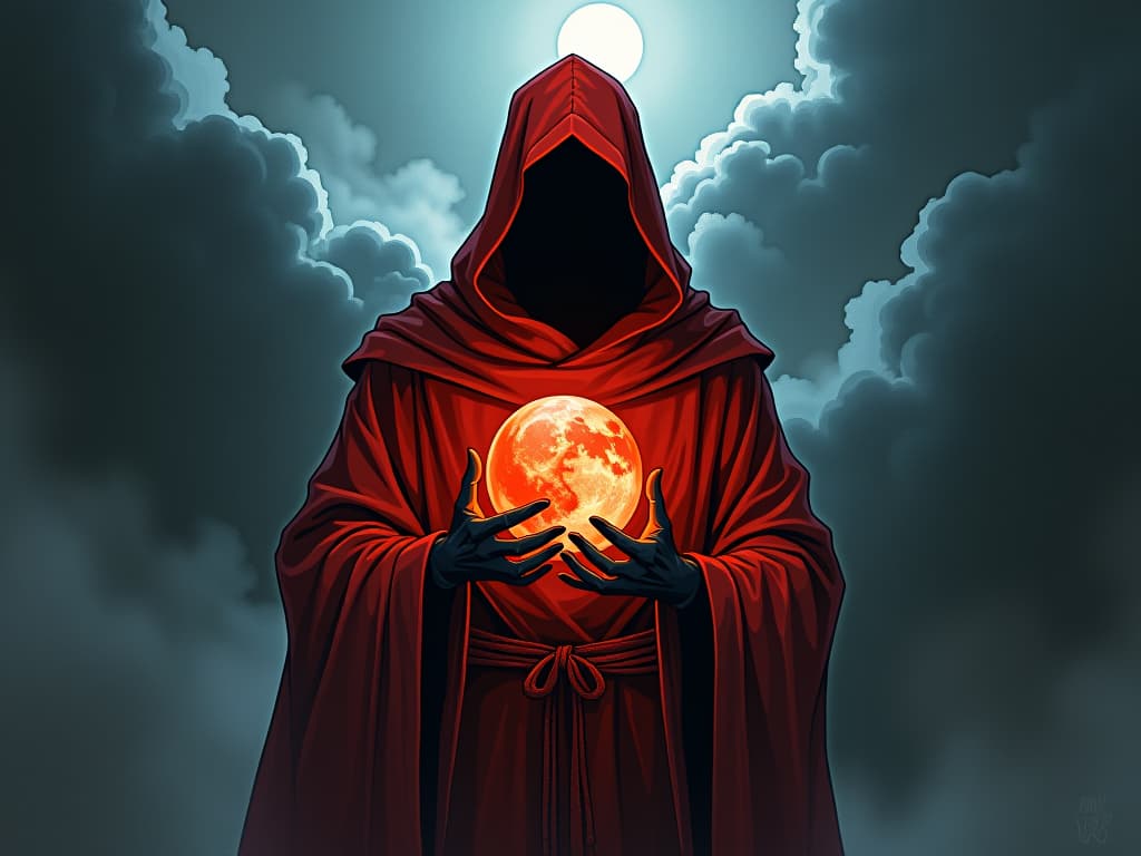  seer in red robes, face obscured, holding a glowing crystal ball, shadowy clouds swirling around, atmosphere of unclear future. the style is digital art illustration / modern comic book / graphic dark novel fantasy and mysterious occult, symbolic, moody lighting, esoteric vibe,high detail on character design. for the color scheme emphasize blacks and reds.