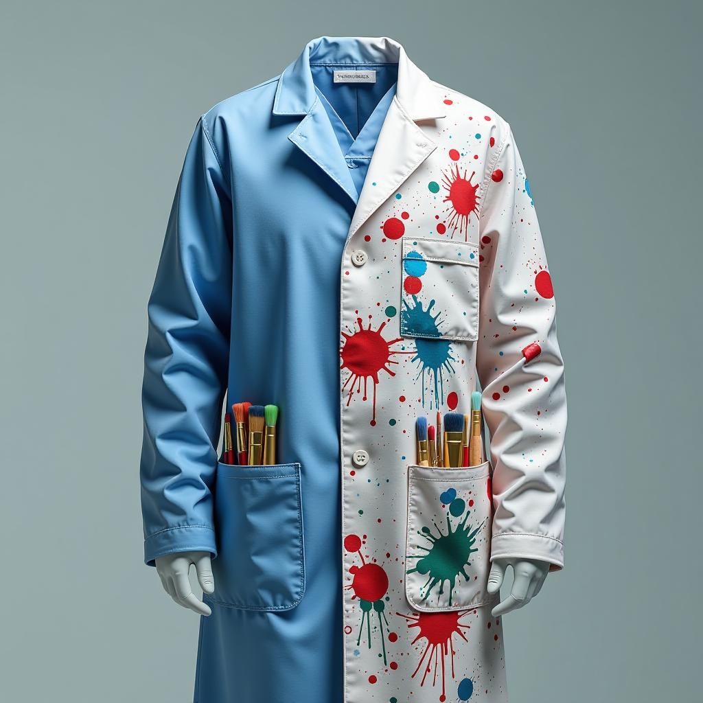  the image features a coat split down the middle. surgeon: the left side shows a sterile surgical scrubs set, complete with a mask and gloves, symbolizing precision and care in medicine. painter: the right side features a paint splattered smock, with vibrant colors and brushes tucked into pockets, representing artistic expression and creativity., (4k, best quality, masterpiece:1.2), ultrahigh res, highly detailed, sharp focus, (perfect image composition)