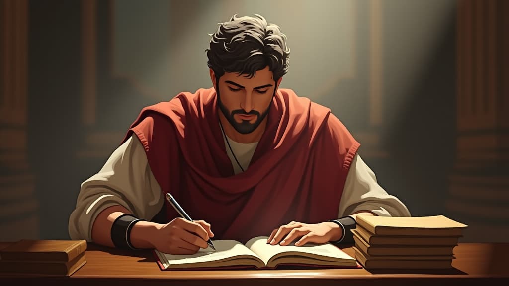  a creative illustration showing pliny the younger writing letters to emperor trajan about early christian practices. hyperrealistic, full body, detailed clothing, highly detailed, cinematic lighting, stunningly beautiful, intricate, sharp focus, f/1. 8, 85mm, (centered image composition), (professionally color graded), ((bright soft diffused light)), volumetric fog, trending on instagram, trending on tumblr, HDR 4K, 8K