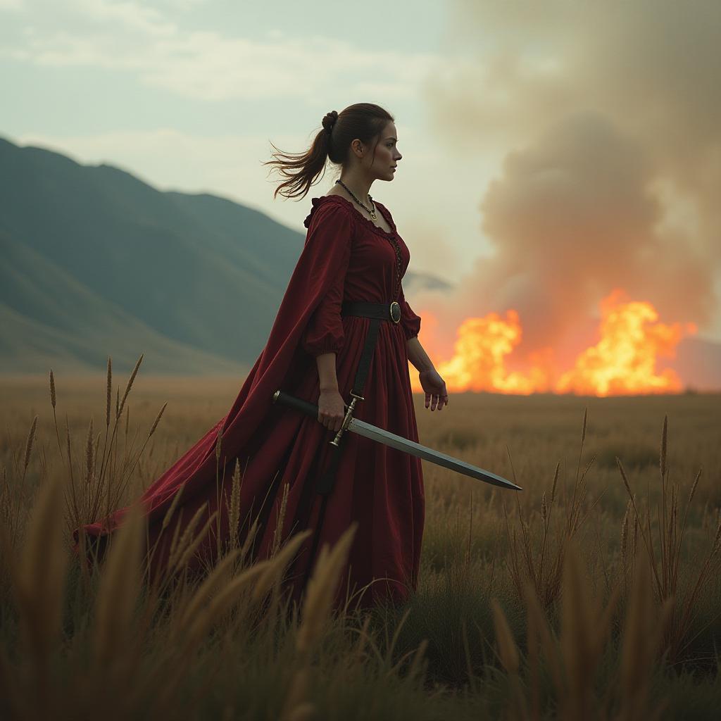  grassland fire zone hyperrealistic, full body, detailed clothing, highly detailed, cinematic lighting, stunningly beautiful, intricate, sharp focus, f/1. 8, 85mm, (centered image composition), (professionally color graded), ((bright soft diffused light)), volumetric fog, trending on instagram, trending on tumblr, HDR 4K, 8K