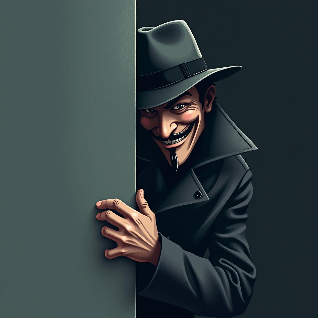  good quality, high quality, a anonymous hide face for "viral leaks," featuring a realistic character wearing a trench coat and hat, peeking out from behind a wall with a mischievous grin. the text "viral leaks" is styled in a hacker font with subtly integrated into the design, representing the idea of leaks.