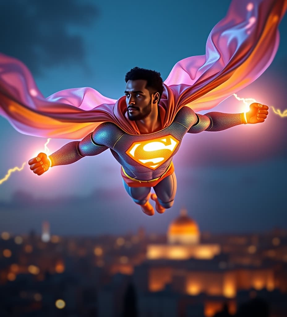  african superman king high priest, flying over the dome of the rock in jerusalem, his cape is radiant iridescent gold electric blue magenta iridescent translucent gold mli foil, transparent iridescent lightsail cape. full body ethereal aurora aura. his holographic suit is shiny and reflective refractive with iridescent aurora and gleaming ultraviolet, infrared. gold and white glowing iridescent shining energy gold armor. iridescent glowing illuminated gold "s" on chest, kamehameha plasma power sphere iridescent flashing solar fireballs glowing from his electric lightning fists! glowing iridescent lightning bolts shooting out radiating from his eyes, short curly temple fade black hair on head, white platinum goatee beard on chin. partial 