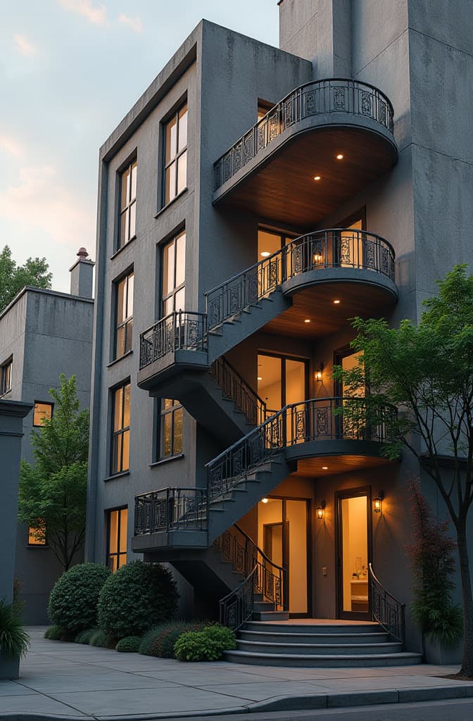  building facade with circular staircase and regular staircase hyperrealistic, full body, detailed clothing, highly detailed, cinematic lighting, stunningly beautiful, intricate, sharp focus, f/1. 8, 85mm, (centered image composition), (professionally color graded), ((bright soft diffused light)), volumetric fog, trending on instagram, trending on tumblr, HDR 4K, 8K