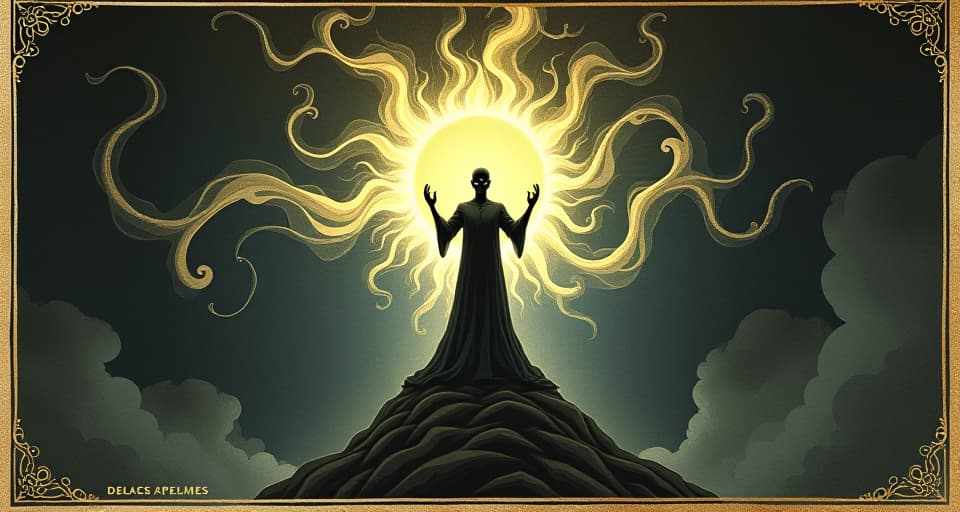  energetic challenge depicted as dark, swirling forms, serene figure standing firm, illuminated by radiant light, defiance and serenity. an illustration in the style of a worn, mystical old tarot trump card, mysterious and elements of surrealism. the colors are muted, somber and eerie, but with contrast bring out an occult and esoteric vibe.