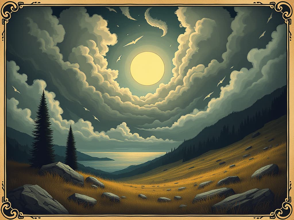  winds swirling violently around a calm, pristine landscape, clouds of confusion and mistrust, isolated turmoil, disturbance, unease. an illustration in the style of a worn, mystical old tarot trump card, mysterious and elements of surrealism. the colors are muted, somber and eerie, but with contrast bring out an occult and esoteric vibe.