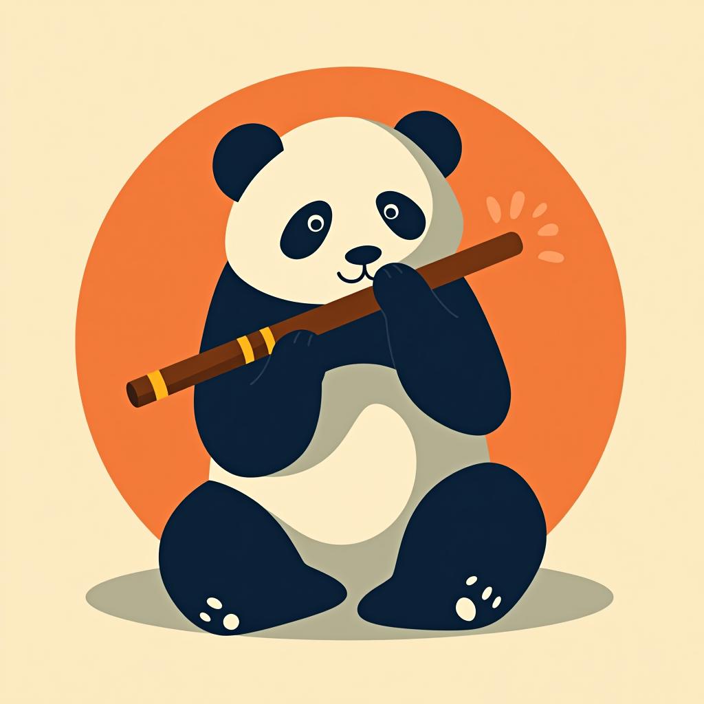  sitting panda playing a hmong flute, (logo), clean, contemporary, bold, minimalist, geometric shapes, sans serif font, bright colors, dynamic, innovative