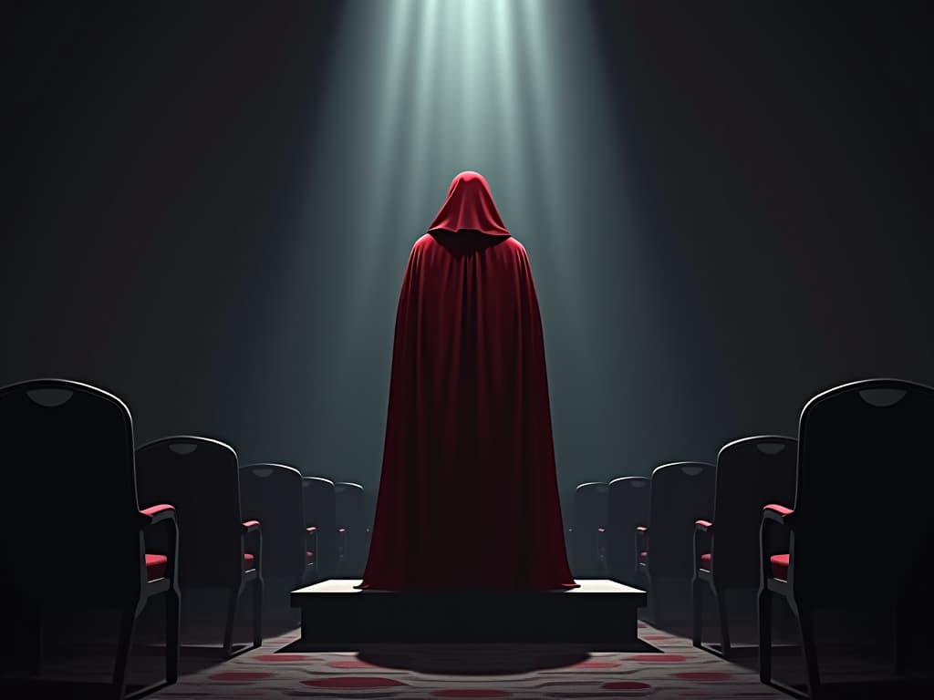  leader in red cloak, standing on a podium, empty audience chairs, dim spotlight, difficulty commanding trust and authority. the style is digital art illustration / modern comic book / graphic dark novel fantasy and mysterious occult, symbolic, moody lighting, esoteric vibe,high detail on character design. for the color scheme emphasize blacks and reds.