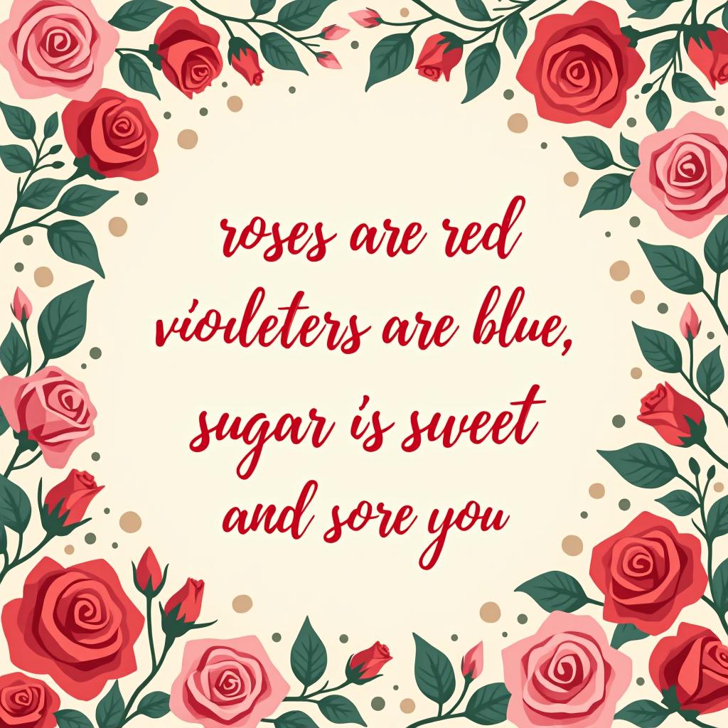  write this poem with cursive text on a background that fits the words: roses are red violets are blue, sugar is sweet and so are you.