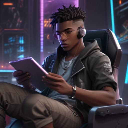 Dark skin anime guy sitting on a gaming chair playing games on a tablet in Cyberpunk style