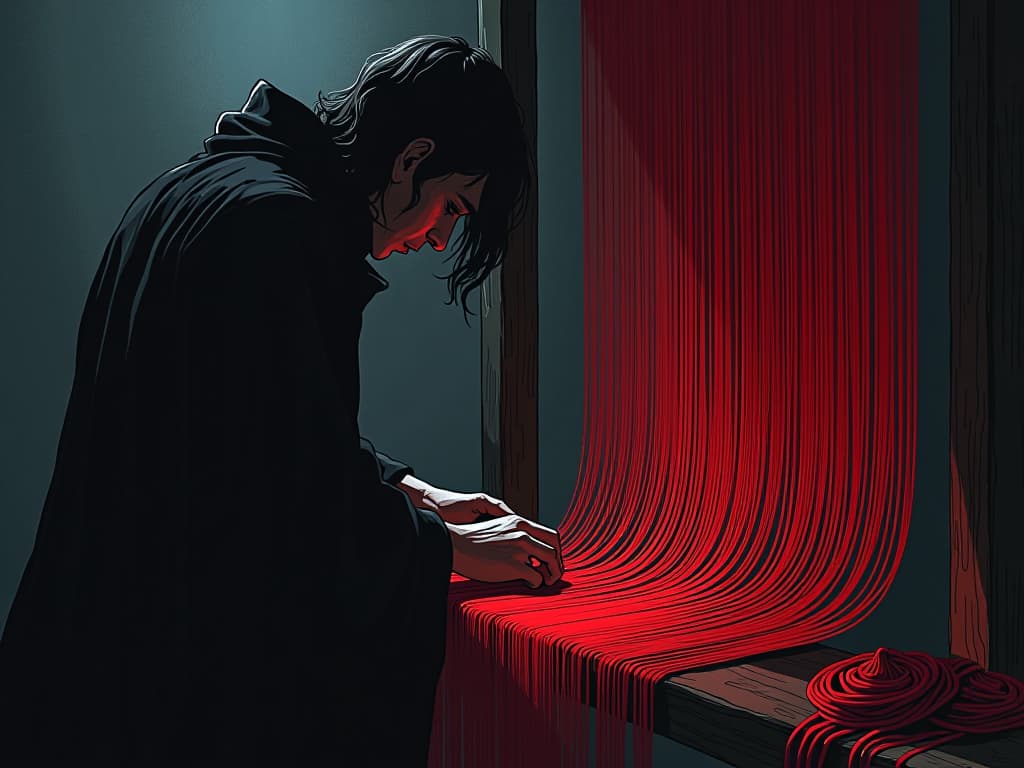  a person mending a woven tapestry under dim, magical lights, each thread representing attempts to right past wrongs, symbolic imagery of repair.. the style is dark fantasy and mysterious occult, symbolic, moody lighting, esoteric vibe,high detail on character design. for the color scheme emphasize blacks and reds.