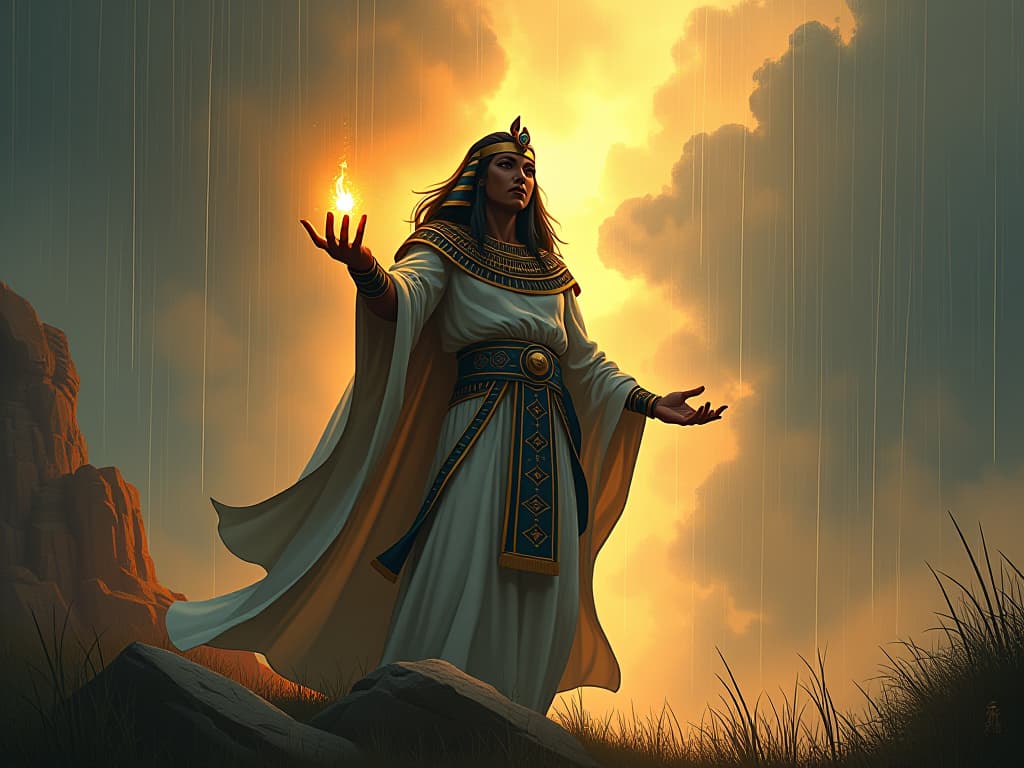  a leader like figure, summoning torrents of rain, fields transforming and flourishing, aura of transformative opportunity. the style is digital art illustration / modern comic book / mysterious occult, symbolic, esoteric vibe,high detail on character design, incorporating ancient egyptian symbology and attire.