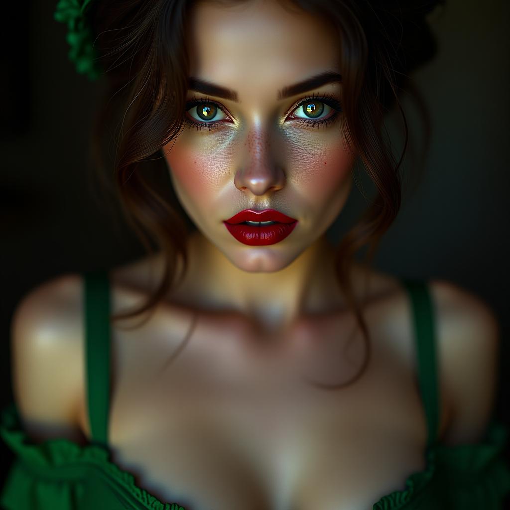  "green seduction" ultra high resolution portrait of a woman resembling marianne from witcher series, her rouge stained lips, freckles and mascara running down, reflecting her raw sensuality, the green corset barely covering her bosoms. shot with medium format leica s3 and a noctilux m 75mm f/1.25 lens. hyperrealistic, full body, detailed clothing, highly detailed, cinematic lighting, stunningly beautiful, intricate, sharp focus, f/1. 8, 85mm, (centered image composition), (professionally color graded), ((bright soft diffused light)), volumetric fog, trending on instagram, trending on tumblr, HDR 4K, 8K