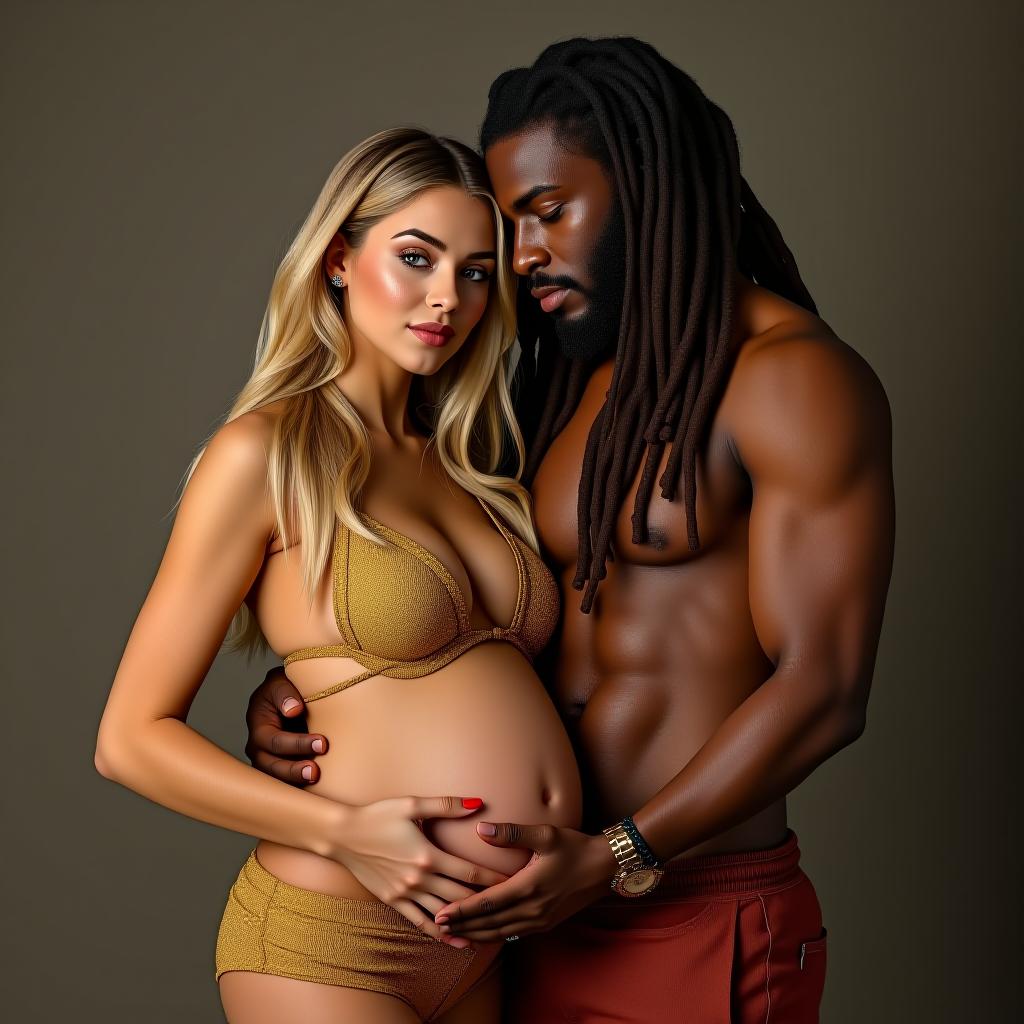  make an image of a blonde brown eyed woman who is pregnant with a tan man who has dreads up to his waist