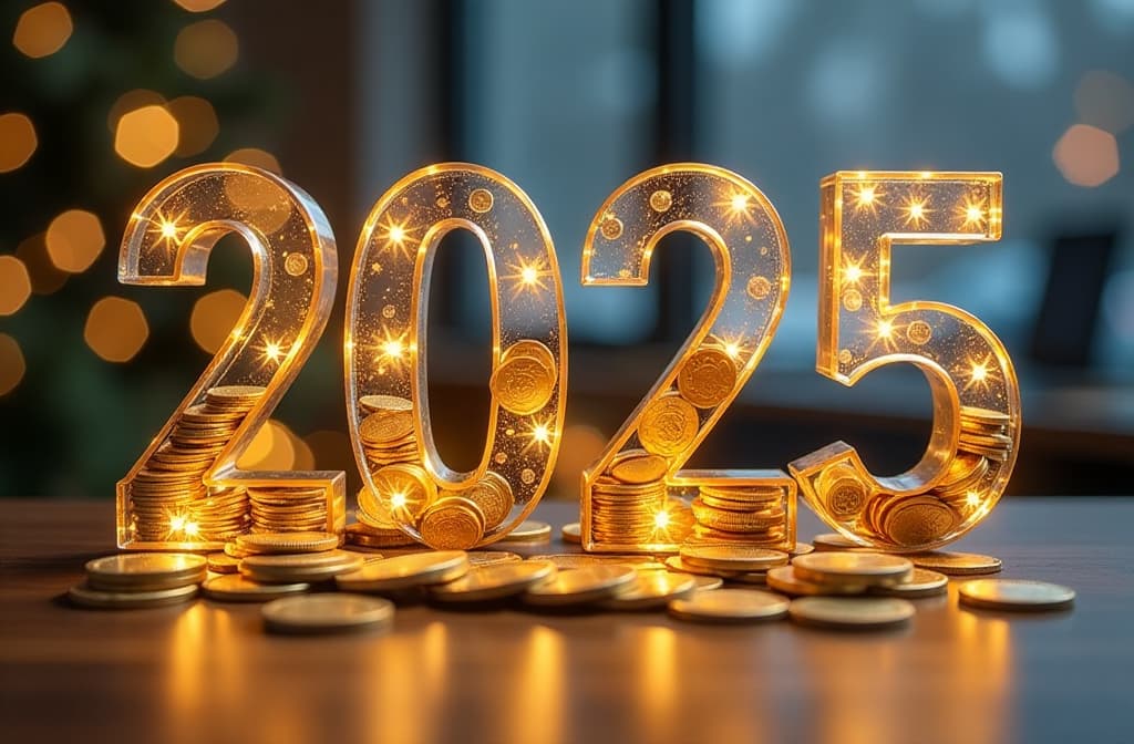  glowing transparent wide huge glass numbers "2025" half filled with a lot of golden coins, standing on the bank office table, blurred bank office on the background, xmas {prompt}, maximum details