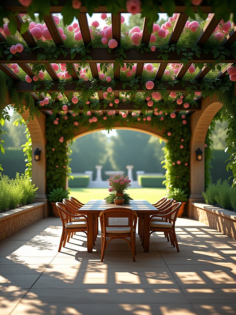  high quality portrait photo of an expansive patio with a large pergola covered in flowering vines, featuring comfortable outdoor furniture, a rustic dining table, and soft lighting, overlooking a beautifully manicured lawn hyperrealistic, full body, detailed clothing, highly detailed, cinematic lighting, stunningly beautiful, intricate, sharp focus, f/1. 8, 85mm, (centered image composition), (professionally color graded), ((bright soft diffused light)), volumetric fog, trending on instagram, trending on tumblr, HDR 4K, 8K