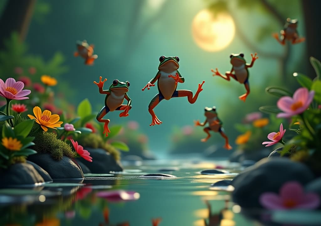  a vibrant forest scene showcasing various species of frogs in mid leap, surrounded by lush greenery and blooming flowers, with a shimmering pond reflecting the moonlight, symbolizing magic and transformation through time. hyperrealistic, full body, detailed clothing, highly detailed, cinematic lighting, stunningly beautiful, intricate, sharp focus, f/1. 8, 85mm, (centered image composition), (professionally color graded), ((bright soft diffused light)), volumetric fog, trending on instagram, trending on tumblr, HDR 4K, 8K