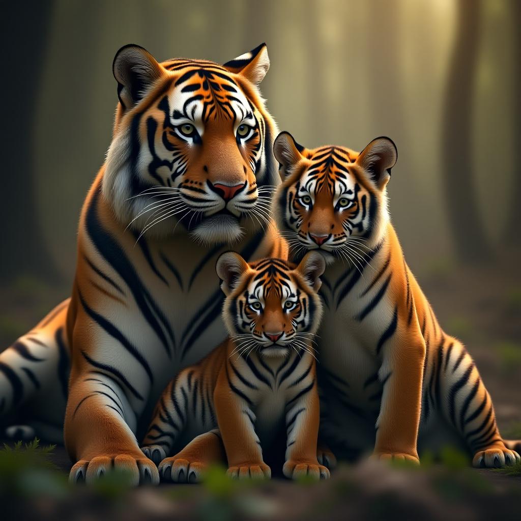  a family consisting of an adult male tiger, an adult female tigress, and two tiger cubs one older and one younger. in the picture, it is evident that they love and care for each other. hyperrealistic, full body, detailed clothing, highly detailed, cinematic lighting, stunningly beautiful, intricate, sharp focus, f/1. 8, 85mm, (centered image composition), (professionally color graded), ((bright soft diffused light)), volumetric fog, trending on instagram, trending on tumblr, HDR 4K, 8K