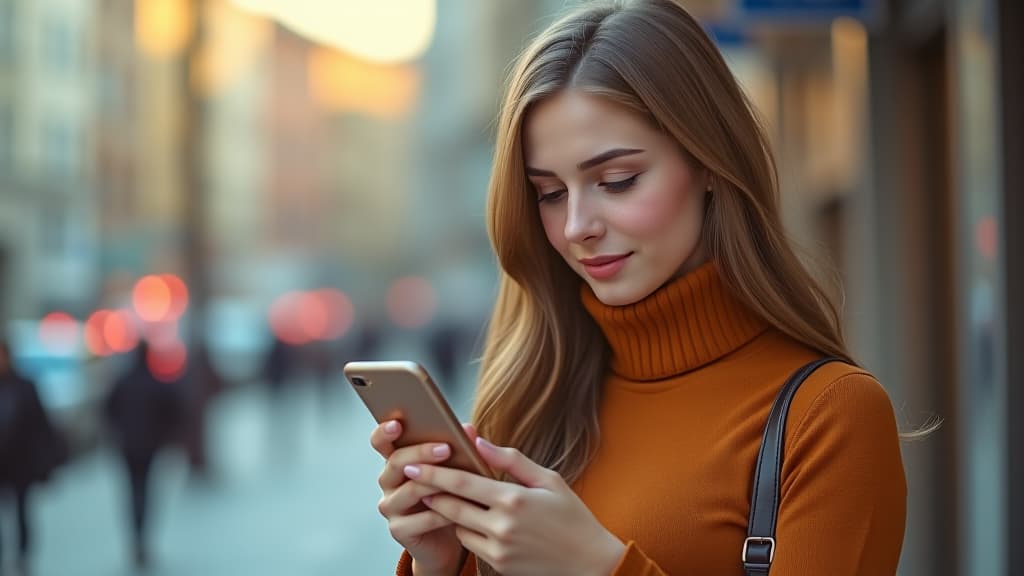  outdoor portrait of a beautiful urban young caucasian woman looking at her mobile phone