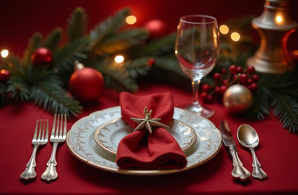  professional detailed photography, classic festive setting with antique silverware and decor on a red backdrop ar 3:2, (muted colors, dim colors, soothing tones), (vsco:0.3)