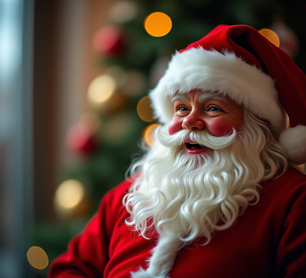  photo of happy santa claus on defocused bokeh effect background with copy space. christmas concept.