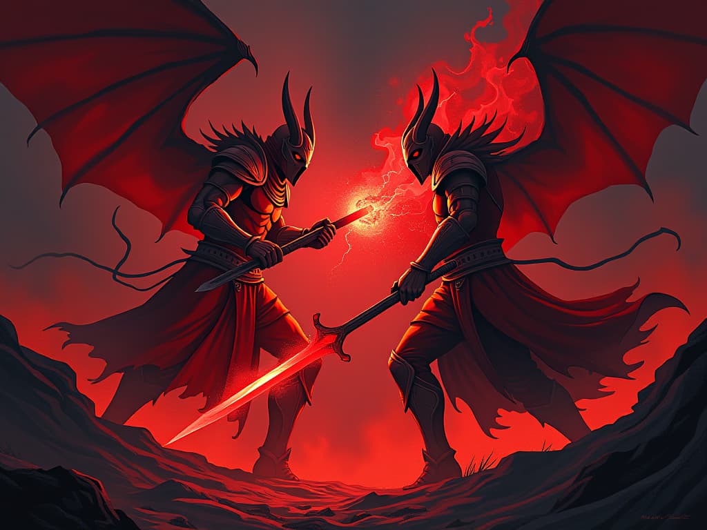  two warring apparitions in red armor, spectral weapons clashing, surrounded by an aura of fear and conflict. the style is digital art illustration / modern comic book / graphic dark novel fantasy and mysterious occult, symbolic, moody lighting, esoteric vibe,high detail on character design. for the color scheme emphasize blacks and reds.