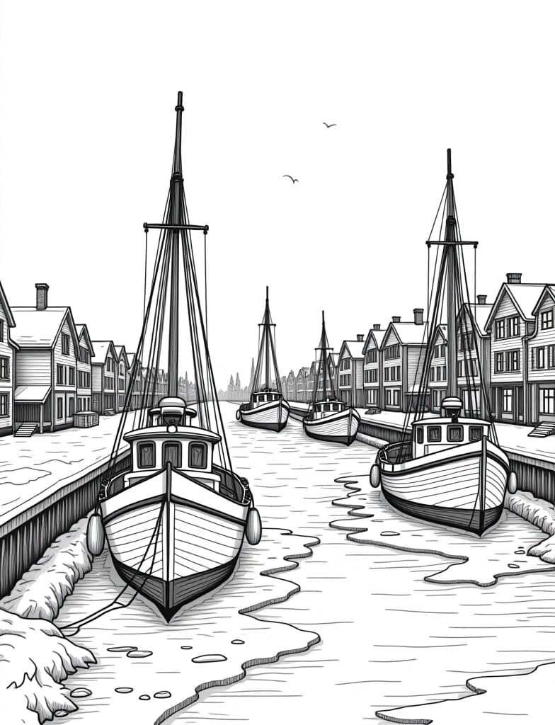  this is for an adult coloring page. a detailed black and white line art of a snowy snowy harbor with boats covered in ice on a solid white background.