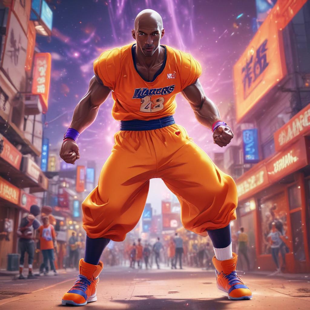 distance-shot, flashy, full-body, dynamic, holographic, animated cartoon poster of kobe scene in the style of dragon ball super