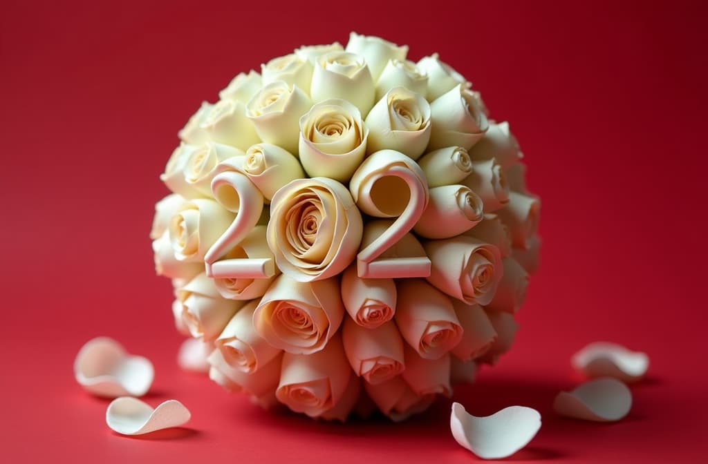  professional detailed photography, a type of sphere, lots of empty space, small numbers 2025 made of white rosebuds, on a red background, with rose petals around it , (muted colors, dim colors, soothing tones), (vsco:0.3)