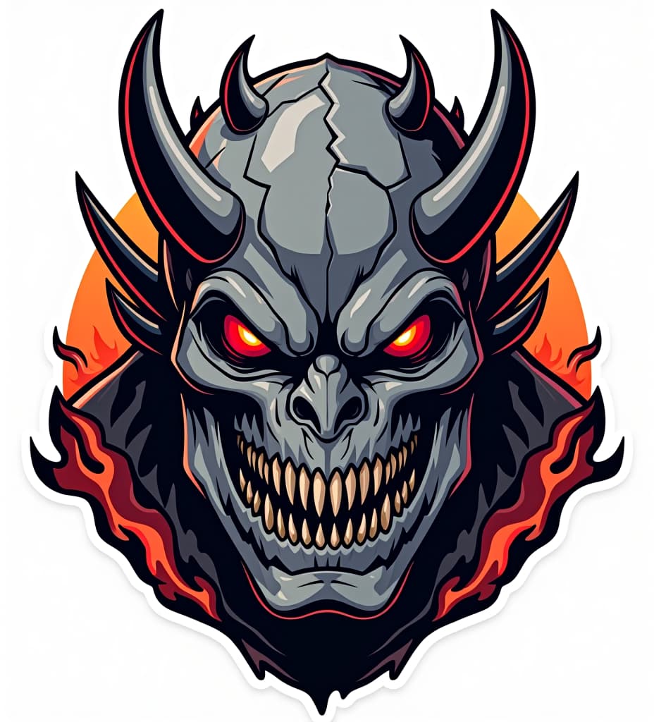  vector art stickers, the doomsday monster’s head, designed as a bust, features a broad, muscular structure with angular, intimidating features. its large, glowing red eyes create a piercing, predatory gaze. adding to its fearsome appearance. rock textured skin, marked by cracks, contribute to its battle worn, apocalyptic look. head is adorned with multiple curved spikes that enhance its monstrous aspect. flames or energy effects around the head, combined with dramatic shading and highlights, give the creature a dynamic and powerful presence. it looks similar to doomsday from batman, closed mouth, professional vector design, sticker designs, sticker sheet