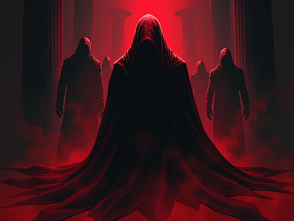  shrouded figure in red, slinking into shadows, others watching, sense of further avoidance. the style is digital art illustration / modern comic book / graphic dark novel fantasy and mysterious occult, symbolic, moody lighting, esoteric vibe,high detail on character design. for the color scheme emphasize blacks and reds.