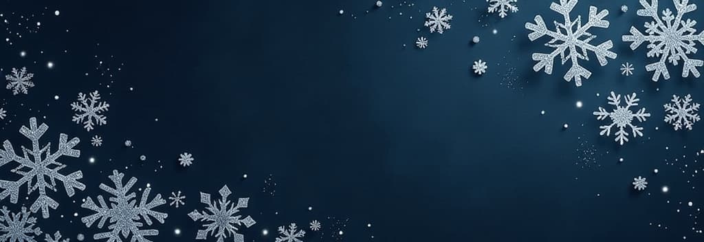  beautiful silver sparkling whimsical snowflakes of different shapes and sizes with silver glitter against dark background on the left side of the banner, a lot of copy space on the right side of the banner ar 3:1 {prompt}, maximum details