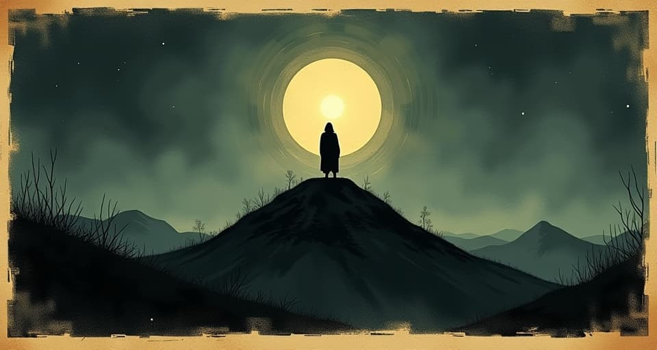  a person standing on a hill, light emanating from them, dark landscape around, figure standing firmly, beacon, hope, unyielding. an illustration in the style of a worn, mystical old tarot trump card, mysterious and elements of surrealism. the colors are muted, somber and eerie, but with contrast bring out an occult and esoteric vibe.