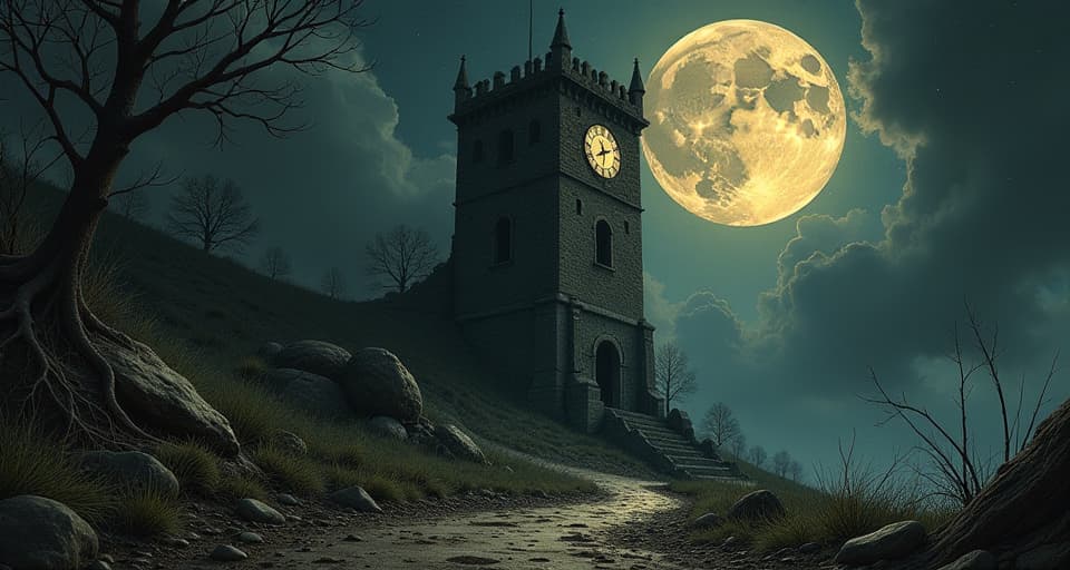  a ruined clock tower, gears frozen in time, moonlight piercing through the cracks, illuminating the scene, ancient, somber, realization. an illustration in the style of a worn, mystical old tarot trump card, mysterious and elements of surrealism. the colors are muted, somber and eerie, but with contrast bring out an occult and esoteric vibe.