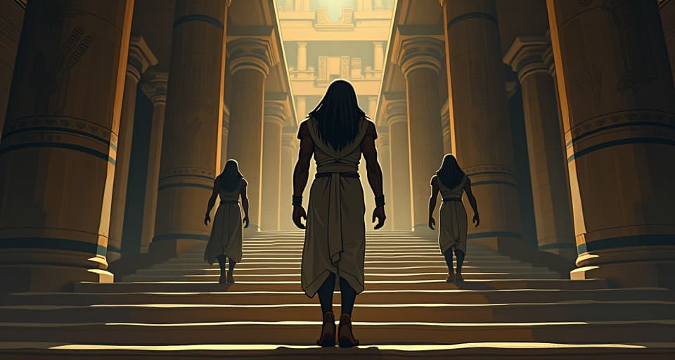  steps leading away from the temple, spirits at the entrance, not following but watching, atmosphere of departure.. the style is digital art illustration / modern comic book / mysterious occult, symbolic, esoteric vibe,high detail on character design, incorporating ancient egyptian symbology and attire.