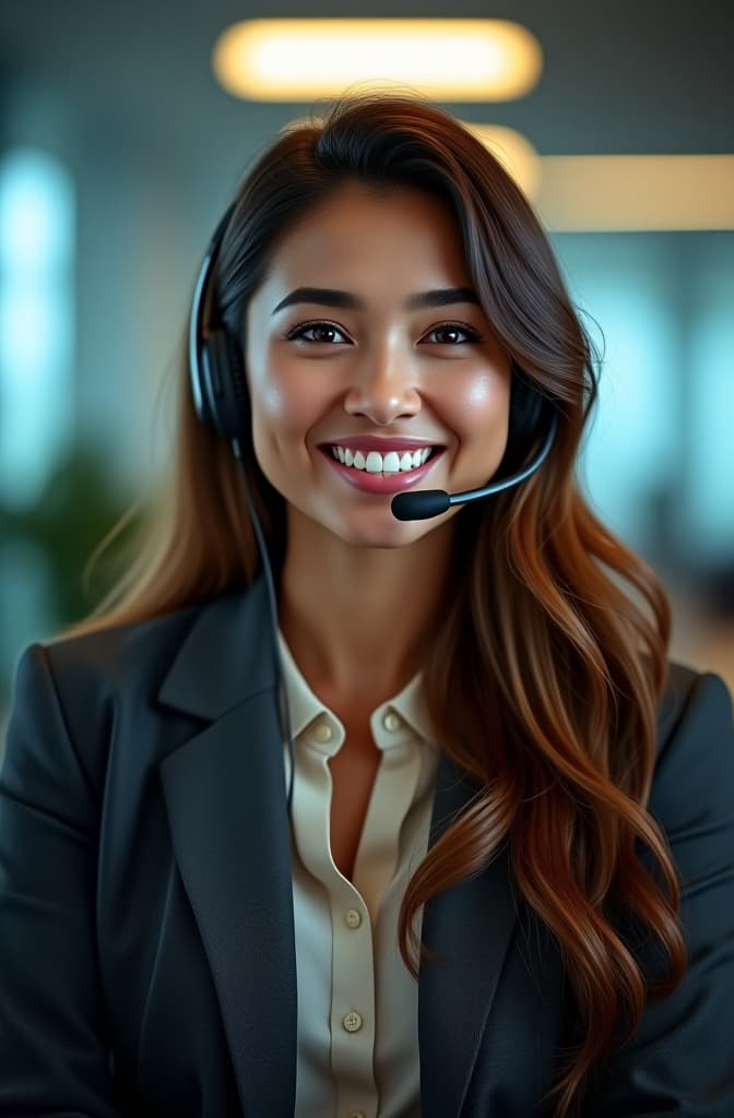  "realistic photo of a woman with headset, smiling in with a office background" hyperrealistic, full body, detailed clothing, highly detailed, cinematic lighting, stunningly beautiful, intricate, sharp focus, f/1. 8, 85mm, (centered image composition), (professionally color graded), ((bright soft diffused light)), volumetric fog, trending on instagram, trending on tumblr, HDR 4K, 8K