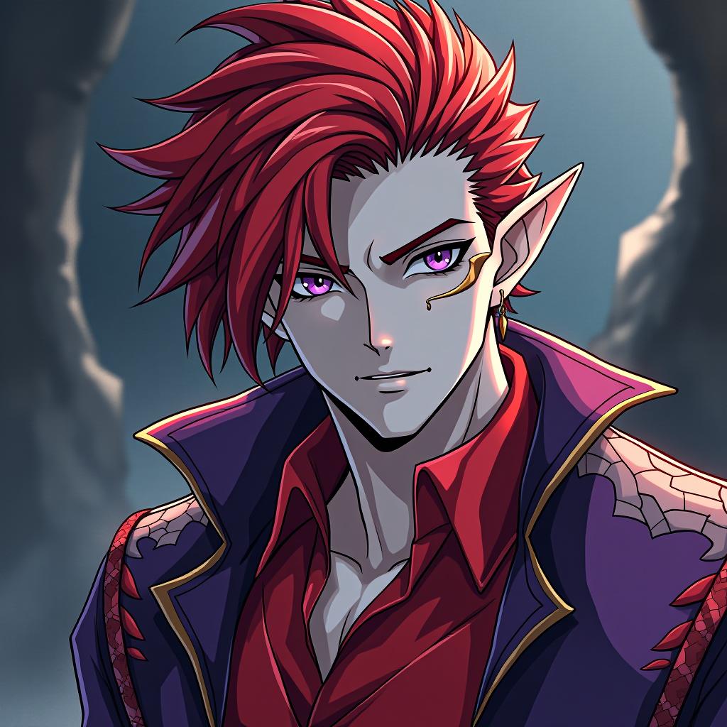  manga style the dark elf man has marble white skin, scarlet hair, hair, lavender eyes with a red tint, is dressed in a red purple shirt embroidered with red gold, a semi jacket with a dark scarlet snake skin trim is worn over the shirt, a hairstyle in the style of a hedgehog. there is an earring in the shape of a month in the right ear. the tattoo in the form of a crescent toothed is applied near the left eye socket, the crescent is turned towards the eye . vibrant, high energy, detailed, iconic, japanese comic style hyperrealistic, full body, detailed clothing, highly detailed, cinematic lighting, stunningly beautiful, intricate, sharp focus, f/1. 8, 85mm, (centered image composition), (professionally color graded), ((bright soft diffused light)), volumetric fog, trending on instagram, trending on tumblr, HDR 4K, 8K