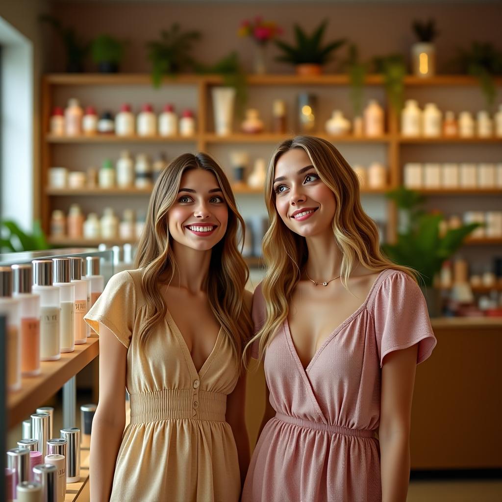  tilt shift photo of realistic image. two beautiful tall russian slim girls look with surprise at the wooden shelves of the cosmetics store with joyful surprised faces and wide open eyes, the background is a cosmetics and perfume store, very high ceilings, beautiful interior, a lot of tropical vegetation, a lot of grooming and decorative cosmetics, summer, high resolution, clear faces not blurred, 4k . selective focus, miniature effect, blurred background, highly detailed, vibrant, perspective control hyperrealistic, full body, detailed clothing, highly detailed, cinematic lighting, stunningly beautiful, intricate, sharp focus, f/1. 8, 85mm, (centered image composition), (professionally color graded), ((bright soft diffused light)), volumetric fog, trending on instagram, trending on tumblr, HDR 4K, 8K