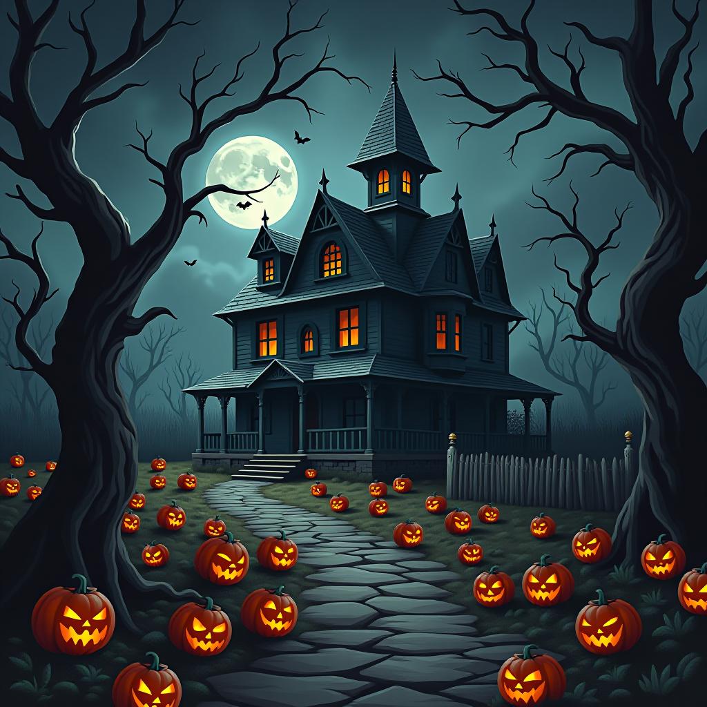  create a seamless digital painting of a spooky, halloween themed scene featuring a haunted house with gothic architecture. the house should be surrounded by twisted, gnarled trees and a multitude of jack o' lanterns. the scene should include a dark, cloudy sky to enhance the eerie atmosphere. the overall style should be detailed and atmospheric, capturing the essence of a haunted, creepy environment perfect for halloween, ensuring the design is seamless for use in repeating patterns or wraps.