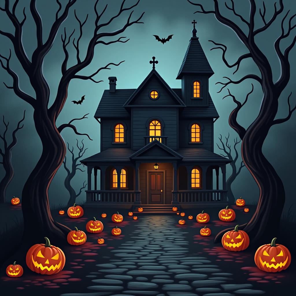  create a seamless digital painting of a spooky, halloween themed scene featuring a haunted house with gothic architecture. the house should be surrounded by twisted, gnarled trees and a multitude of jack o' lanterns. the scene should include a dark, cloudy sky to enhance the eerie atmosphere. the overall style should be detailed and atmospheric, capturing the essence of a haunted, creepy environment perfect for halloween, ensuring the design is seamless for use in repeating patterns or wraps.