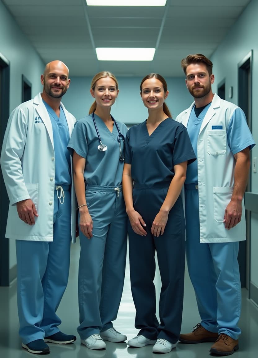  cinematic photo group portrait of medical staff. two doctors and four nurses, a nanny and an ambulance crew. doctors are tall athletic guys. one is bald with a goatee. the second has a short haircut and stubble on his face. with tablets. nurses are young, cute and charming girls in medical baggy overalls. the nanny is an adult woman in a gray overall. the ambulance crew is a man and a woman in dark blue overalls with an orange emergency suitcase. adwanture style (((medium full frame))), (best quality, super detail:1.3), (beautiful hands, perfect hands), formal art, cinematic light. love, castle, danish tilt, futuristic neon, cute, charming, bright, cheerful, realism, high detail, futuristic style . 35mm photograph, film, bokeh, professio