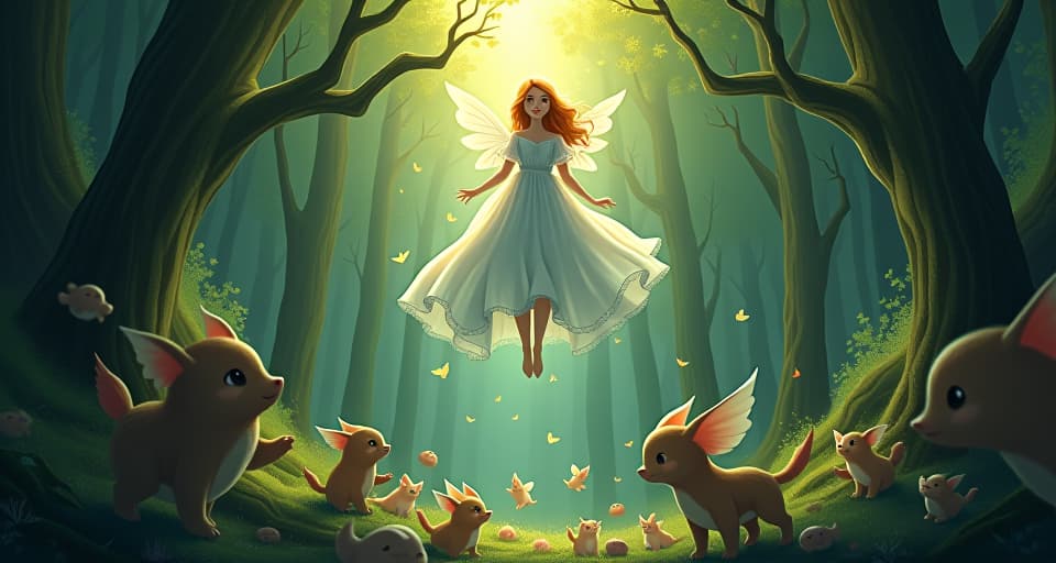  an enchanted forest with creatures scattering in chaos. above, an ethereal figure looks down with a soft, composed expression, indicating the source of the disruption.. the style is digital art illustration,highly detailed, whimsical,magical, dreamlike atmosphere, realism and fantasy blend, smooth, glossy textures,luminous quality, wonder and enchantment.