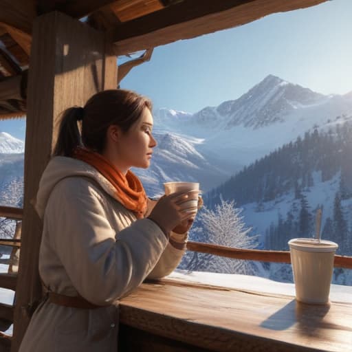 a woman drinking a coffee standing on the pourch and watching the sunshine over the mountains with a bit of snow on the top, unreal engine, classic oil, cheerful, high resolution