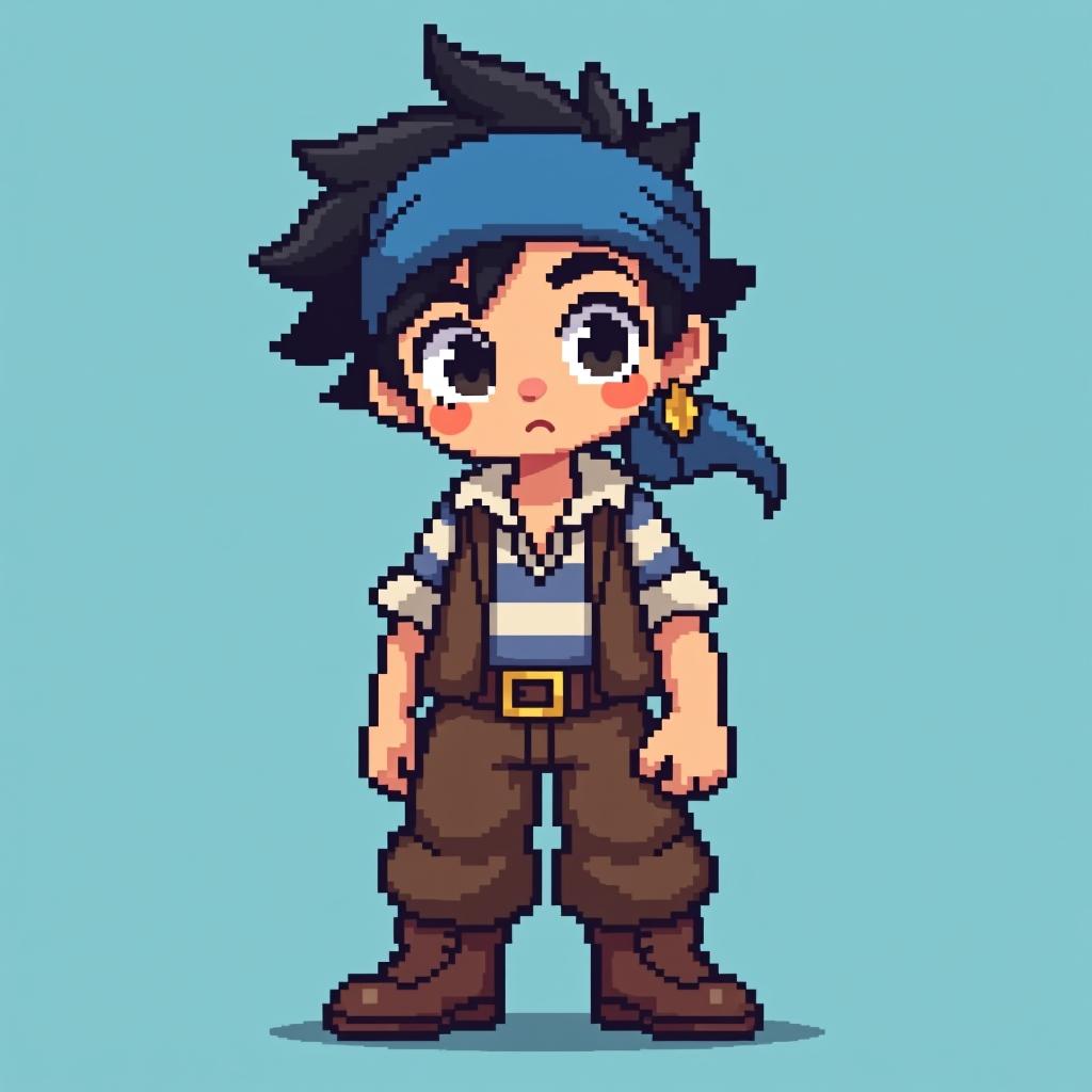  (((pixel art:10))), (high quality), full length, (jack has tousled black hair peeking out from under a bright blue bandana. his eyes are big and curious, shining with excitement. he wears a striped shirt, brown vest, and tattered trousers, with a shiny, golden earring in one ear. his sturdy boots are slightly worn, showing signs of many adventures on the high seas.) (the background is a simple plain light blue), (centered image composition)