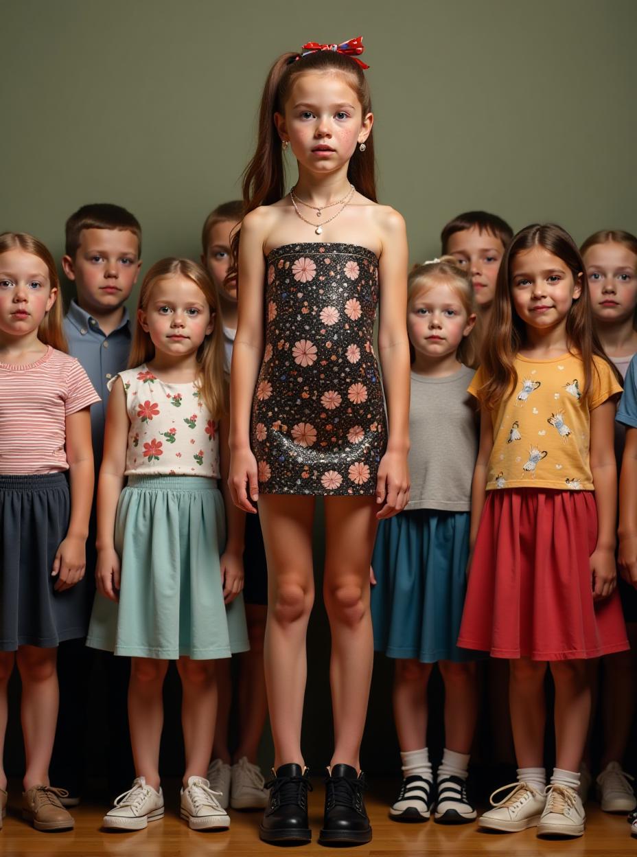  close up shot, the annual second grade group photo at a swedish . a very tall figure dominates the frame, a first grade girl named ola. with freckles dusting her face, gigantic ample , extremely long, toned legs and ponytail adorned with colorful ribbons, ola stands with her feet apart, amidst her clmates. her shimmerimg stylish patterned strapless tight pencil minidress, paired with black balenciaga sneakers and chunky jewelry and very high heels, clashes with the casual uniforms of her rs. despite her young age, ola's height is astonishing; she almost reaches the ceiling, casting long shadows that envelop those around her. her clmates, a mix of scared s and girls, huddle together, fear etched on their fa