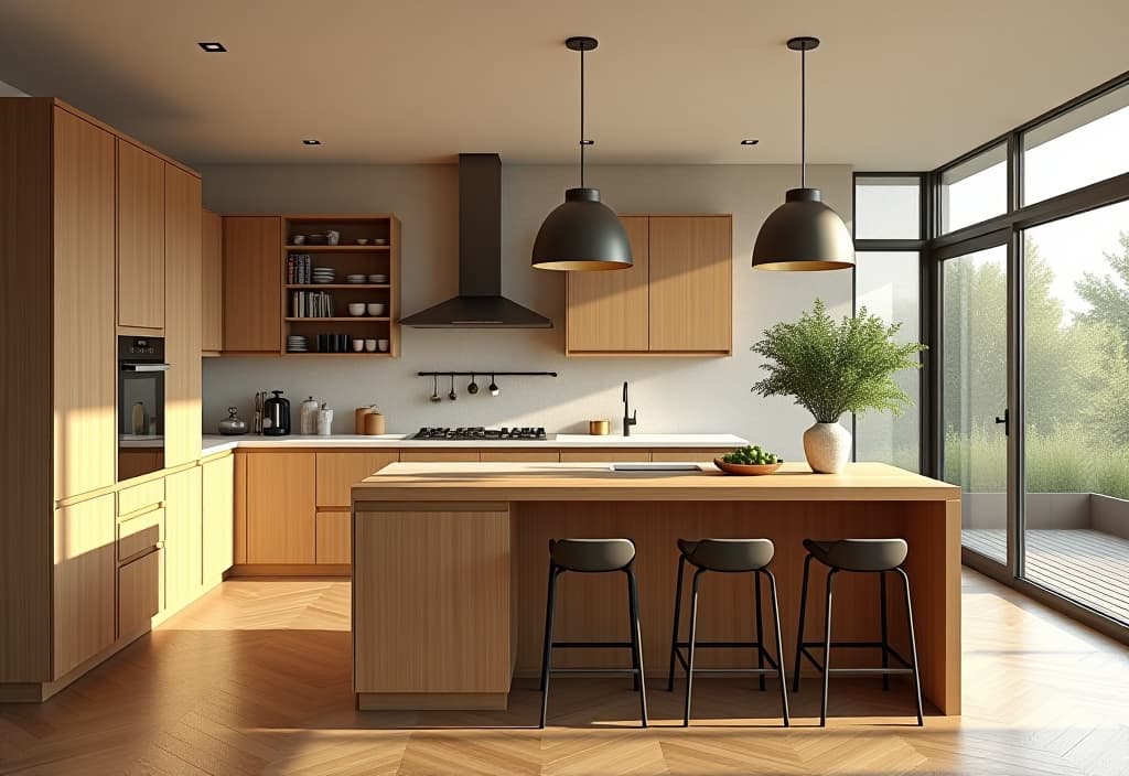  a landscape photo of a bright contemporary kitchen with large windows, featuring affordable butcher block countertops, a geometric tile backsplash, and modern bar stools at the island hyperrealistic, full body, detailed clothing, highly detailed, cinematic lighting, stunningly beautiful, intricate, sharp focus, f/1. 8, 85mm, (centered image composition), (professionally color graded), ((bright soft diffused light)), volumetric fog, trending on instagram, trending on tumblr, HDR 4K, 8K